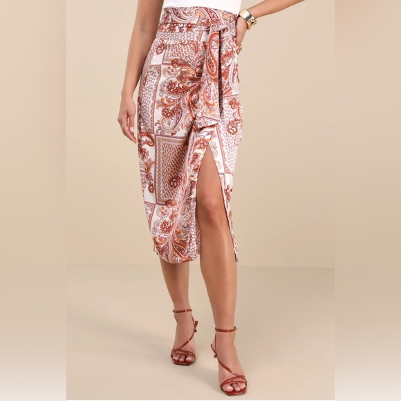 LULUS Rust Paisley Print Satin Wrap Midi Skirt -Size XL - Picture 3 of 10